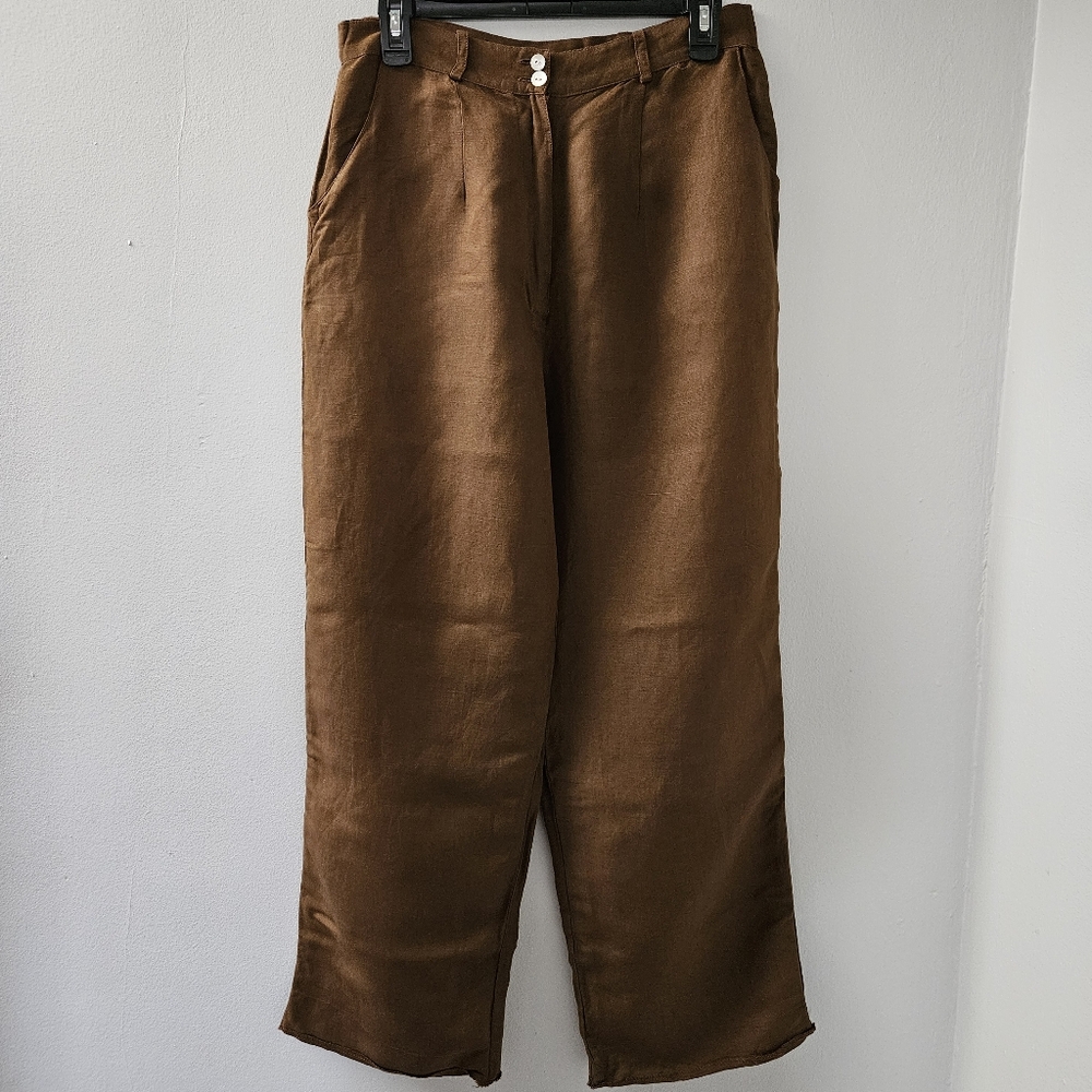 Wide Leg Linen Pants Women 14 Brown High Waist Pleated Sustainable‎ Minimalist